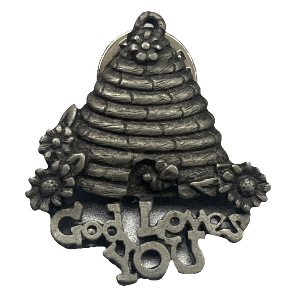 Vintage Pewter Beehive Pin God Loves You Flowers Bumblebee Lapel Pin 1980s